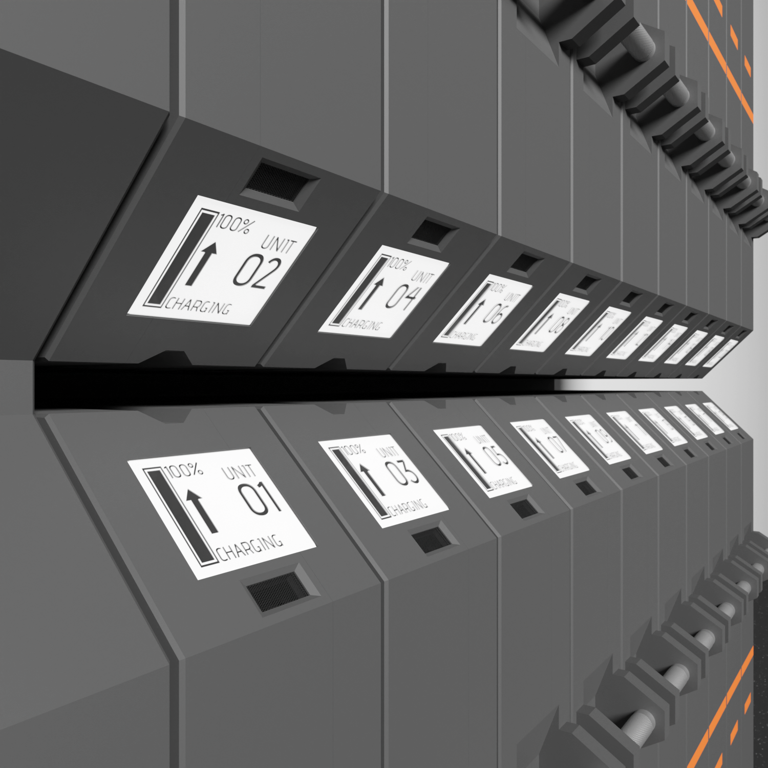 Render showing the modular battery system's battery module screens in a line.